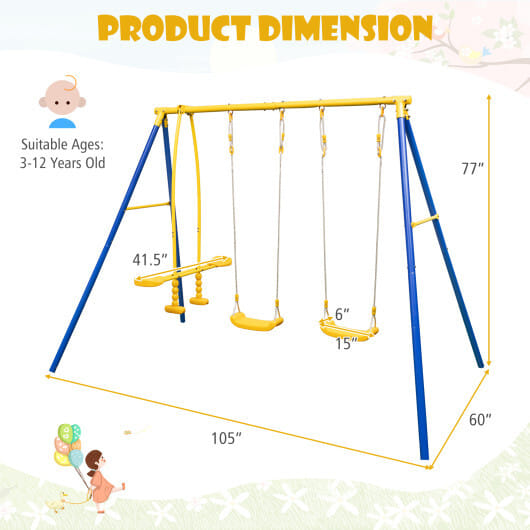 Metal Swing Set for Backyard with 2 Swing Seats and 2 Glider Seats-Blue - Color: Blue