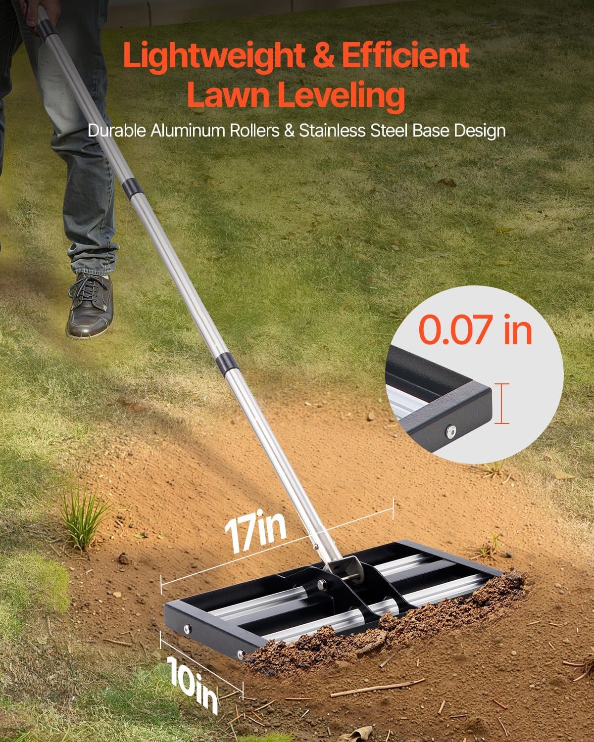 Updated Lawn Leveling Rake with Roller, 17" x 10" Stainless Steel Lawn Leveler with 63.4" Adjustable Handle, Heavy Duty Yard Leveling Rake, Effort Saving Lawn Leveling Tool for Yard Golf Court
