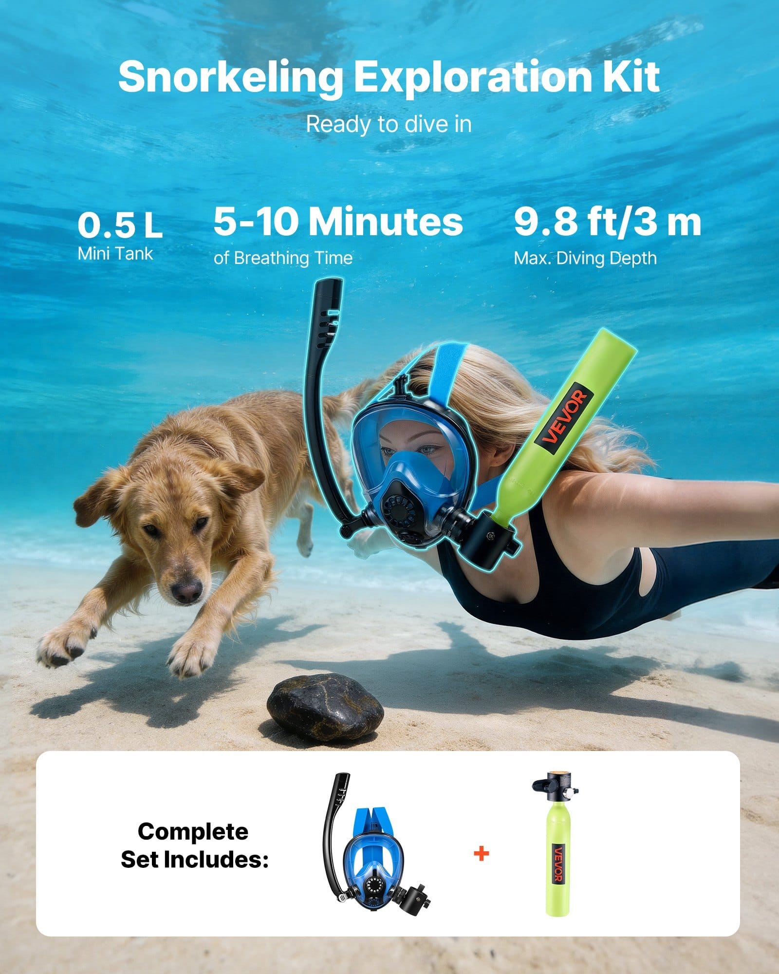 Mini Scuba Tank with Sub-Mask, 0.5L Portable Small Diving Tank for Underwater Breathing, Reusable Lung Diving Cylinder up to 10 Minutes Dive Time, Emergency Rescue Pony Bottle for Snorkeling