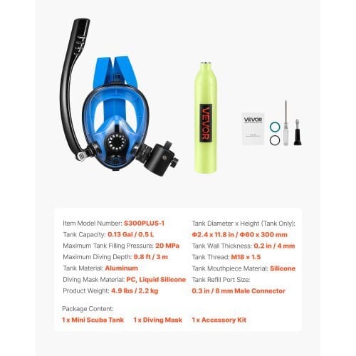Mini Scuba Tank with Sub-Mask, 0.5L Portable Small Diving Tank for Underwater Breathing, Reusable Lung Diving Cylinder up to 10 Minutes Dive Time, Emergency Rescue Pony Bottle for Snorkeling