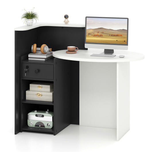 Reception Office Desk with Open Shelf and Lockable Drawer-Black - Color: Black