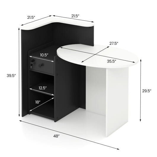 Reception Office Desk with Open Shelf and Lockable Drawer-Black - Color: Black