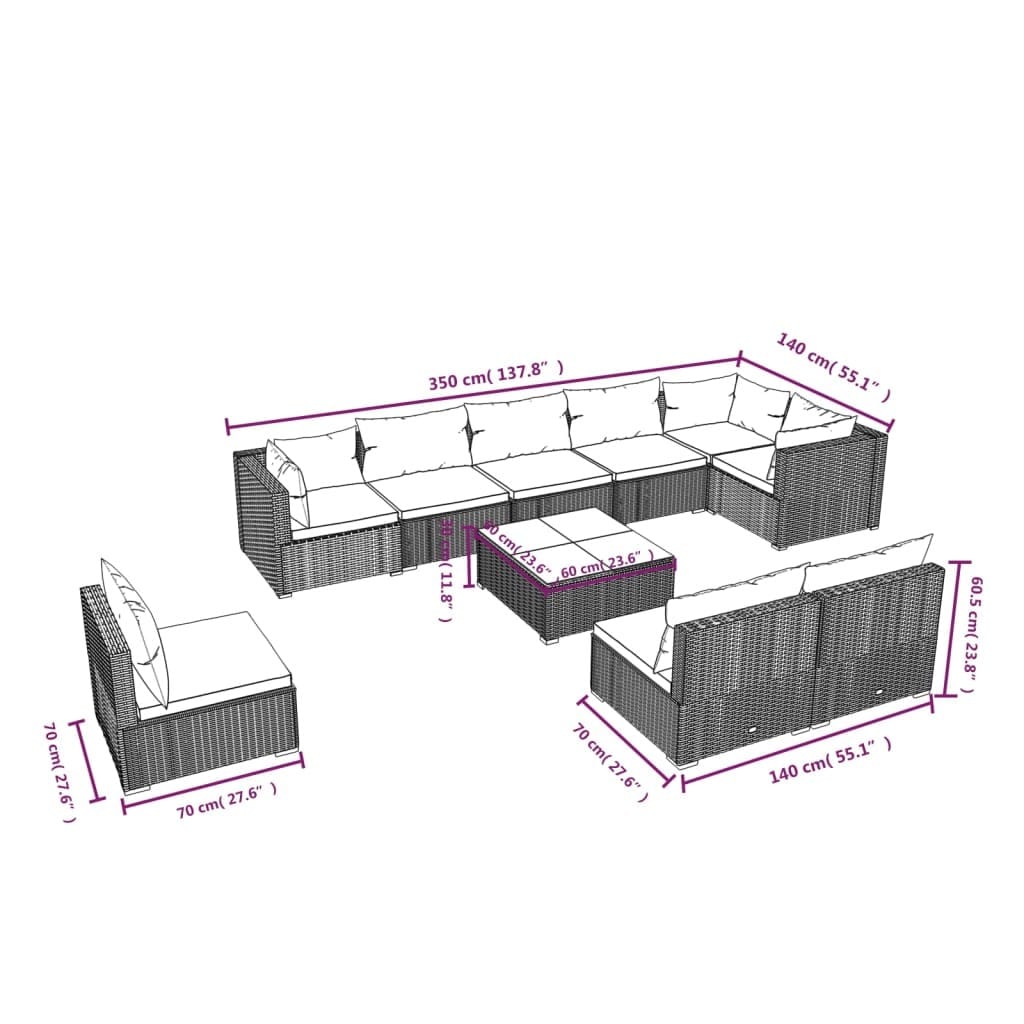 10 Piece Patio Lounge Set with Cushions Poly Rattan Brown