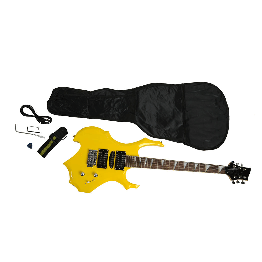 Novice Flame Shaped Electric Guitar HSH Pickup   Bag   Strap   Paddle   Rocker   Cable   Wrench Tool Yellow