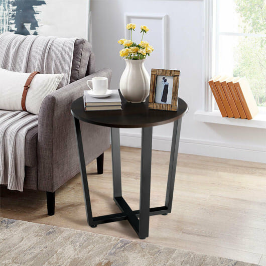 2-tier Round End Table with Storage Shelf and Metal Frame-Brown