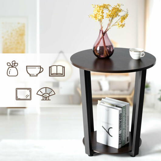 2-tier Round End Table with Storage Shelf and Metal Frame-Brown