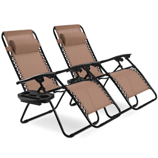 2 Pieces Folding Lounge Chair with Zero Gravity-Brown - Color: Brown