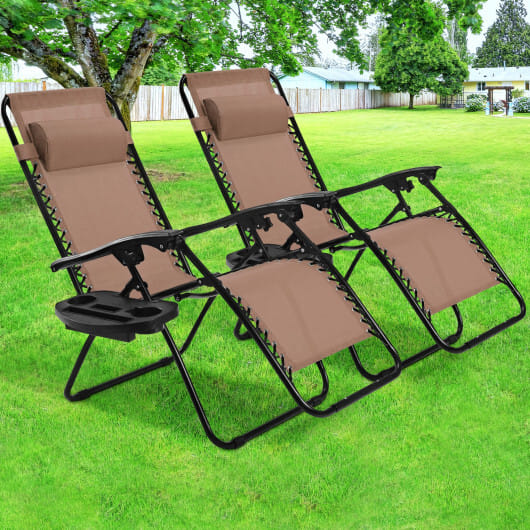 2 Pieces Folding Lounge Chair with Zero Gravity-Brown - Color: Brown