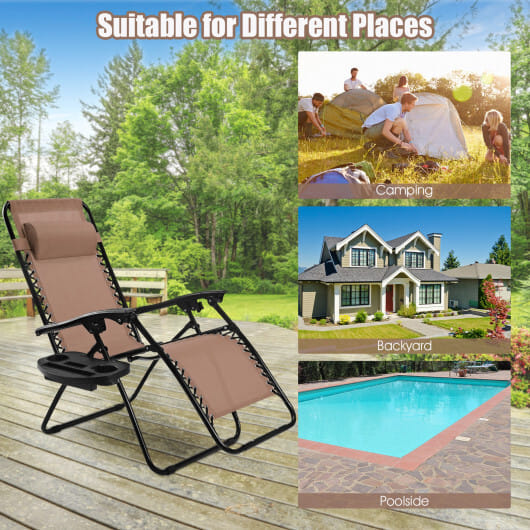 2 Pieces Folding Lounge Chair with Zero Gravity-Brown - Color: Brown