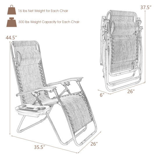 2 Pieces Folding Lounge Chair with Zero Gravity-Brown - Color: Brown