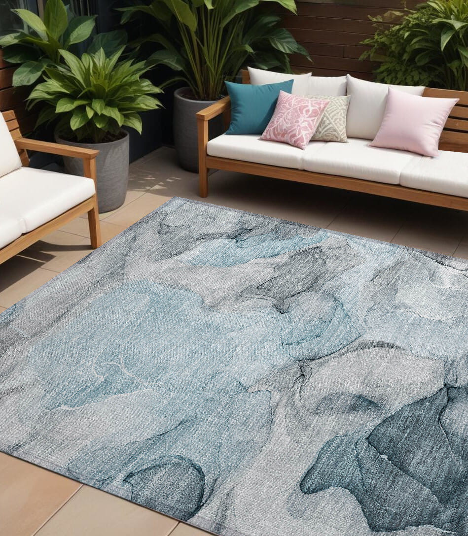 9' X 12' Teal Abstract Washable Non Skid Indoor Outdoor Area Rug