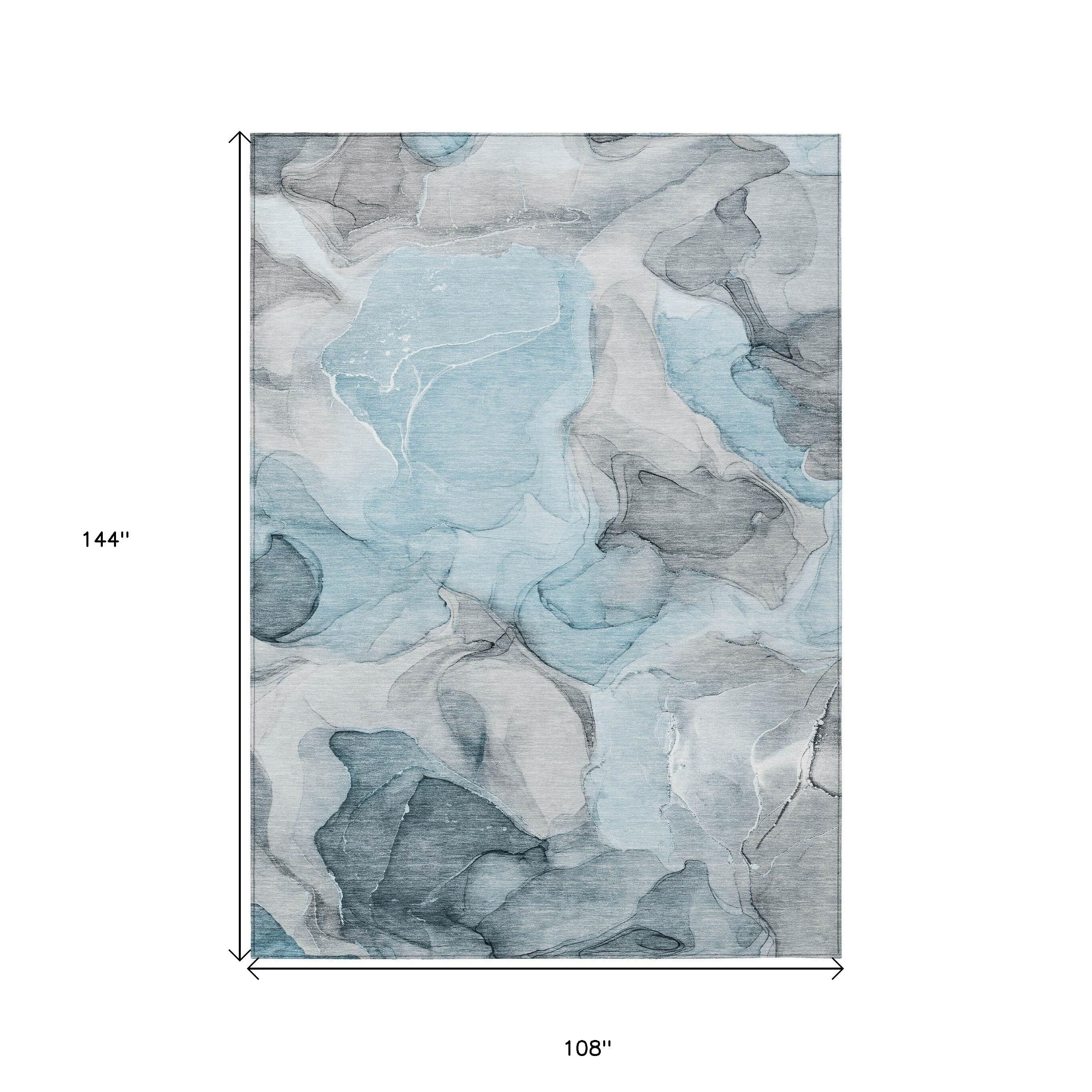 9' X 12' Teal Abstract Washable Non Skid Indoor Outdoor Area Rug