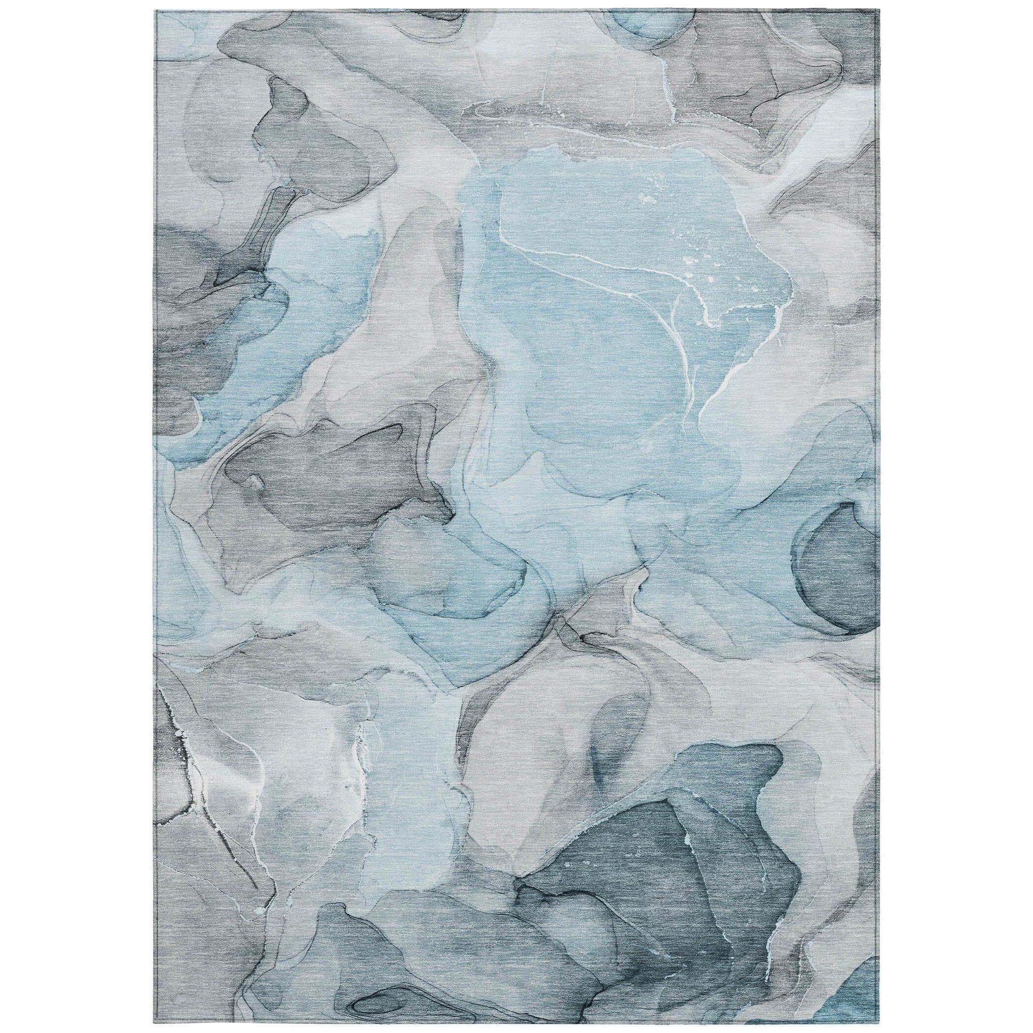 9' X 12' Teal Abstract Washable Non Skid Indoor Outdoor Area Rug