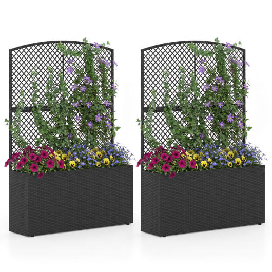 Set of 2 58 Inch Raised Garden Bed with Trellis and Wicker Planter Box-Black - Color: Black - Size: Set of 2