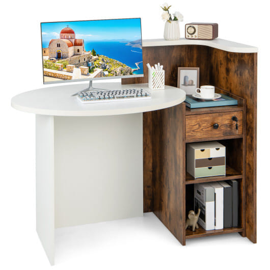 Front Reception Office Desk with Open Shelf and Drawer-Brown & White - Color: Brown & White