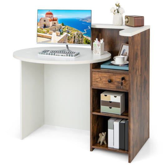 Front Reception Office Desk with Open Shelf and Drawer-Brown & White - Color: Brown & White