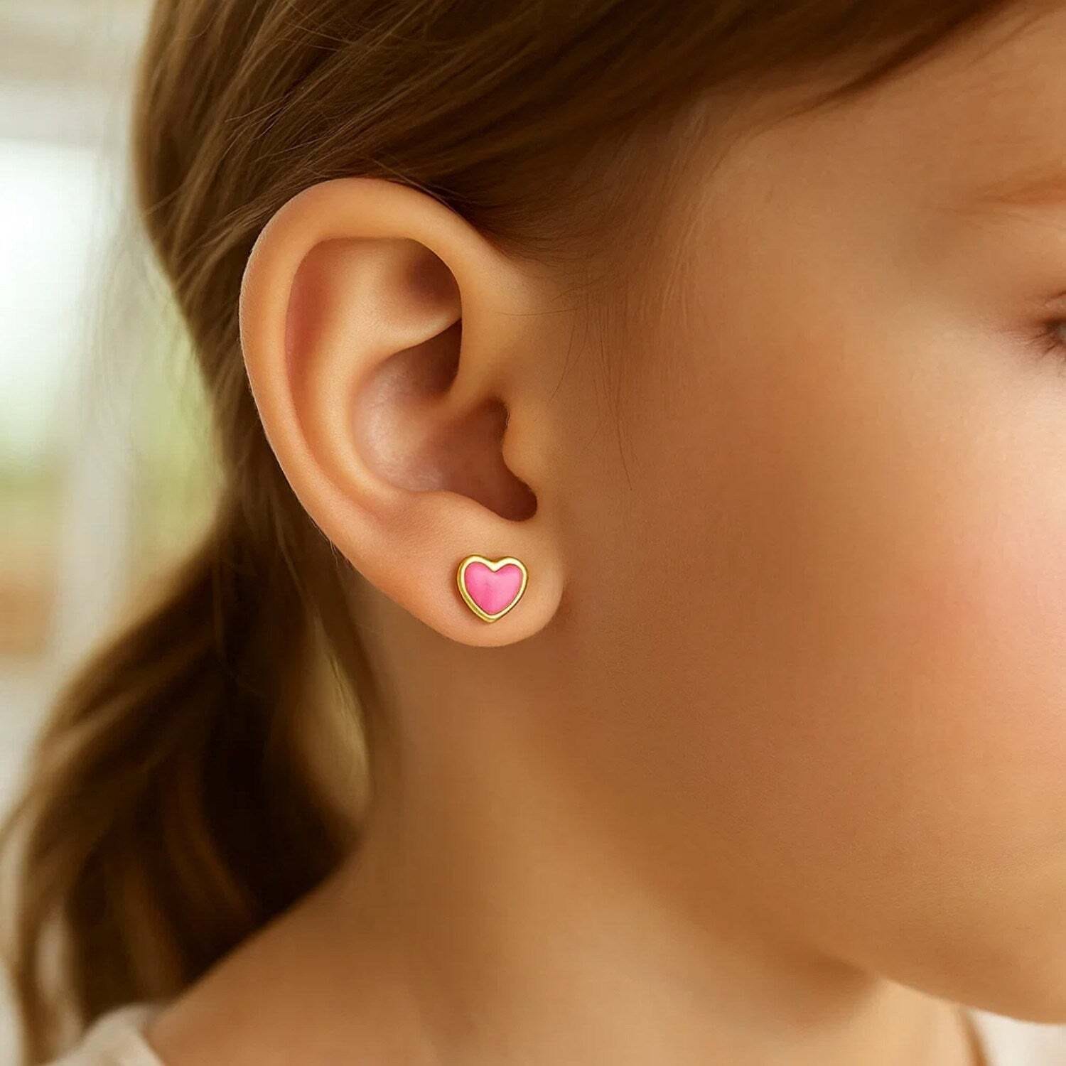 14k Yellow Gold and Enamel Pink Heart Stud Earrings