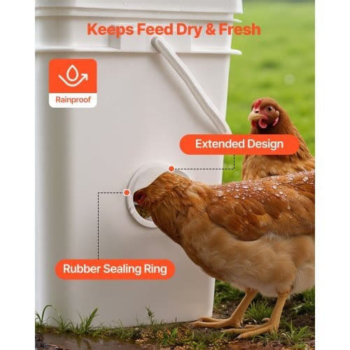 DIY Chicken Feeder, 4 Feed Ports, Rain Proof Poultry Feeder with Cover, No Waste, Automatic Gravity Feed Kit with Sturdy Steel Hole Saw, Rubber Sealing Ring, for Buckets, Barrels, Bins, Troughs
