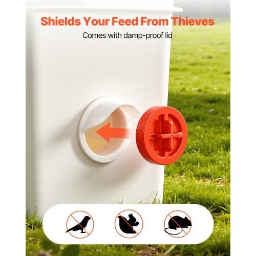 DIY Chicken Feeder, 4 Feed Ports, Rain Proof Poultry Feeder with Cover, No Waste, Automatic Gravity Feed Kit with Sturdy Steel Hole Saw, Rubber Sealing Ring, for Buckets, Barrels, Bins, Troughs