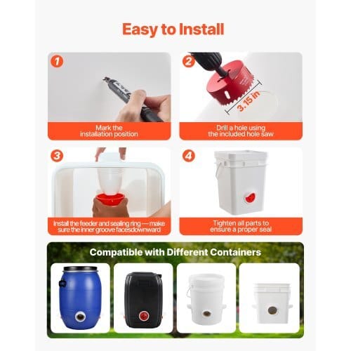 DIY Chicken Feeder, 4 Feed Ports, Rain Proof Poultry Feeder with Cover, No Waste, Automatic Gravity Feed Kit with Sturdy Steel Hole Saw, Rubber Sealing Ring, for Buckets, Barrels, Bins, Troughs