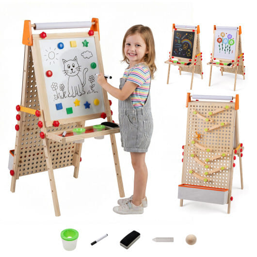 4-in-1 Wooden Kids Art Easel Double-Sided Foldable with Paper Roll and Storage Tray - Color: Natural