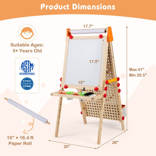 4-in-1 Wooden Kids Art Easel Double-Sided Foldable with Paper Roll and Storage Tray - Color: Natural