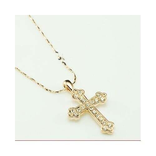 Austrian Rhinestone Inlaid 18K Rose Gold Vintage Cross Pendant Necklace