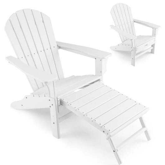 Patio HDPE Adirondack Chair with Retractable Ottoman-White - Color: White