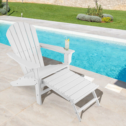 Patio HDPE Adirondack Chair with Retractable Ottoman-White - Color: White