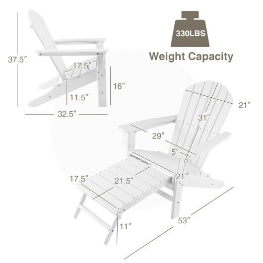 Patio HDPE Adirondack Chair with Retractable Ottoman-White - Color: White
