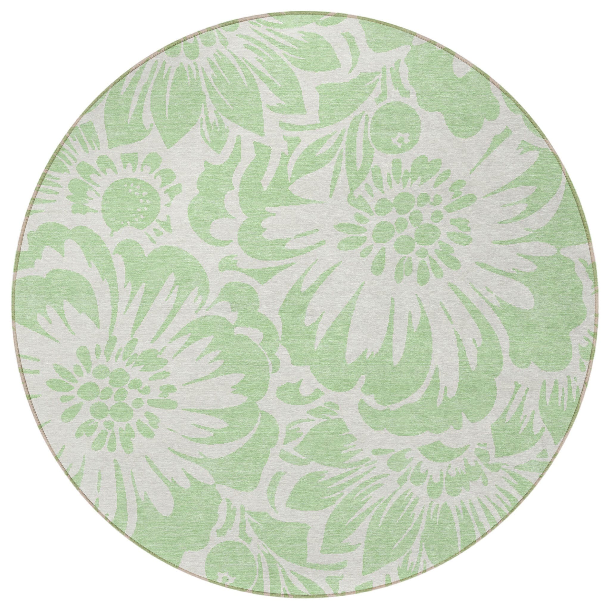 8' Round Mint Green and Ivory Round Floral Washable Non Skid Indoor Outdoor Area Rug