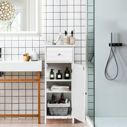 Costway Wooden Bathroom Floor Storage Cabinet with Drawer and Shelf