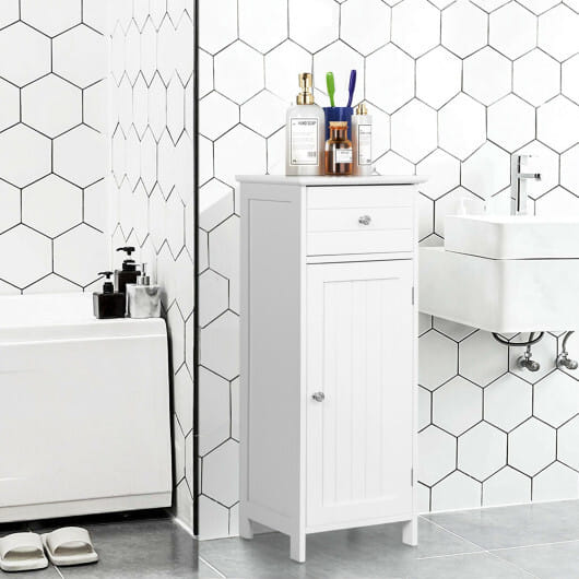Costway Wooden Bathroom Floor Storage Cabinet with Drawer and Shelf