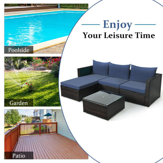 5 Pieces Patio Rattan Sectional Furniture Set with Cushions and Coffee Table -Navy - Color: Navy