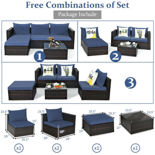 5 Pieces Patio Rattan Sectional Furniture Set with Cushions and Coffee Table -Navy - Color: Navy