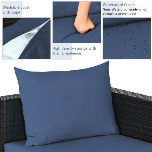 5 Pieces Patio Rattan Sectional Furniture Set with Cushions and Coffee Table -Navy - Color: Navy