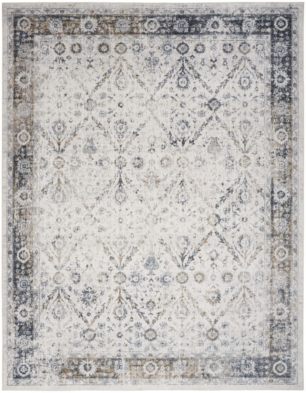 9' X 12' Blue and Ivory Floral Medallion Power Loom Distressed Washable Area Rug