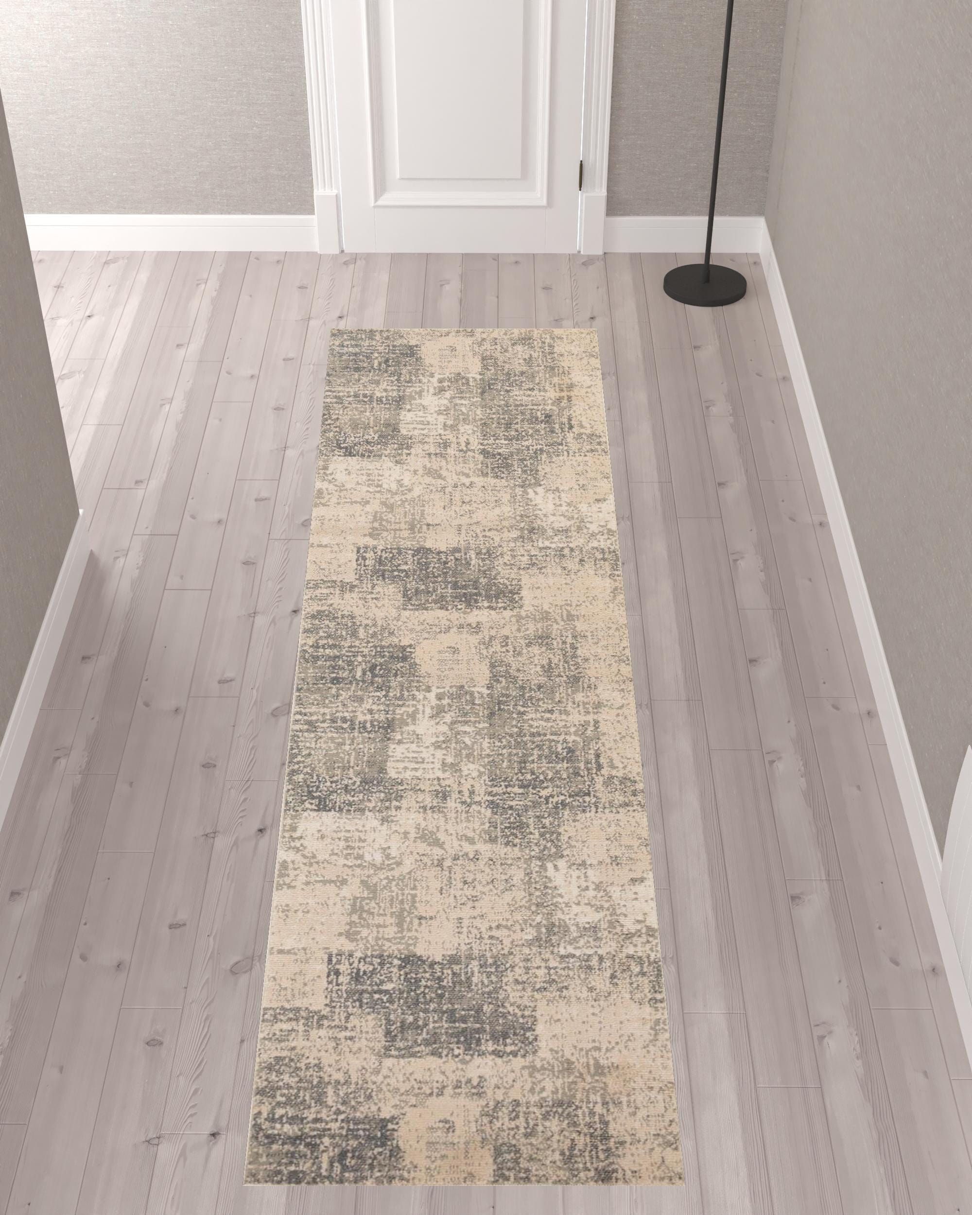 10' Gray and Light Blue Abstract Power Loom Runner Rug