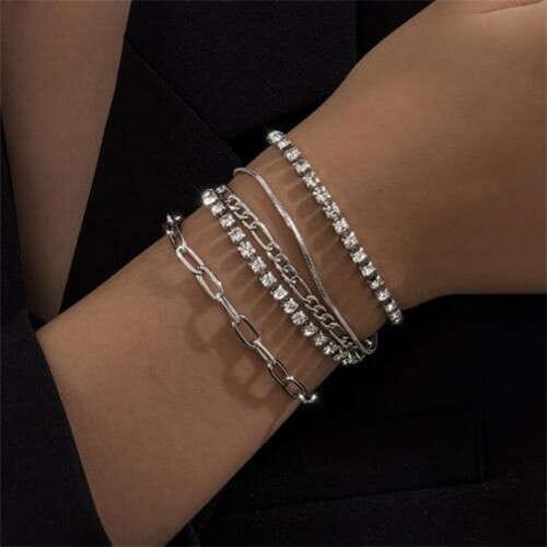 Shining Rhinestone Inlaid Five Layers Women Alloy Fashion Bracelet Set - Silver