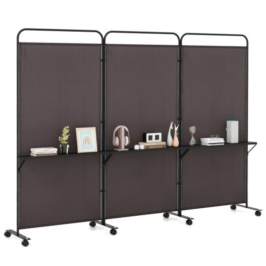 Costway 3-Panel Folding Room Divider with 3 Metal Shelves and Lockable Wheels-Brown