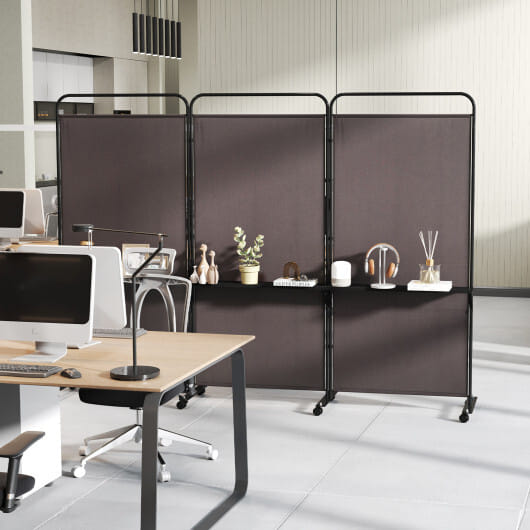 Costway 3-Panel Folding Room Divider with 3 Metal Shelves and Lockable Wheels-Brown