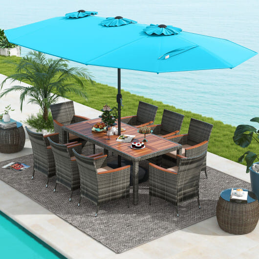 10 Pieces Patio Wicker Dining Set with 15 Feet Double-Sided Patio Umbrella-Turquoise - Color: Turquoise