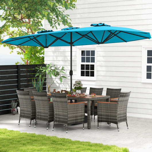 10 Pieces Patio Wicker Dining Set with 15 Feet Double-Sided Patio Umbrella-Turquoise - Color: Turquoise