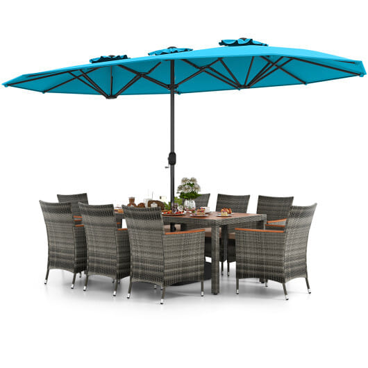 10 Pieces Patio Wicker Dining Set with 15 Feet Double-Sided Patio Umbrella-Turquoise - Color: Turquoise