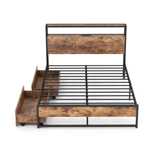 Full/Queen Bed Frame with 2-Tier Storage Headboard and Charging Station-Full Size - Color: Rustic Brown - Size: Full Size