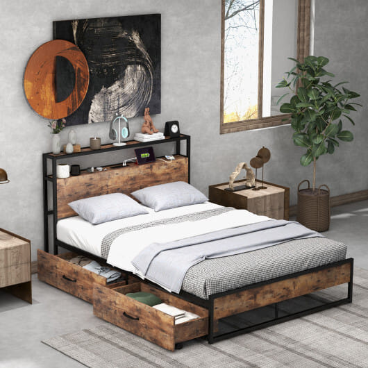 Full/Queen Bed Frame with 2-Tier Storage Headboard and Charging Station-Full Size - Color: Rustic Brown - Size: Full Size
