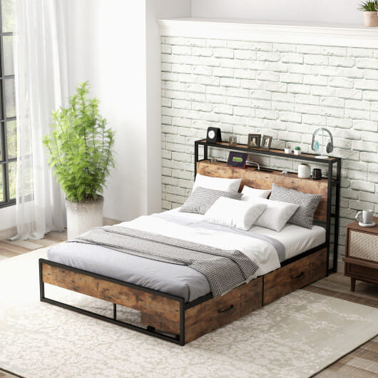 Full/Queen Bed Frame with 2-Tier Storage Headboard and Charging Station-Full Size - Color: Rustic Brown - Size: Full Size