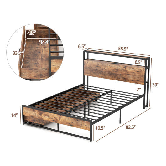 Full/Queen Bed Frame with 2-Tier Storage Headboard and Charging Station-Full Size - Color: Rustic Brown - Size: Full Size