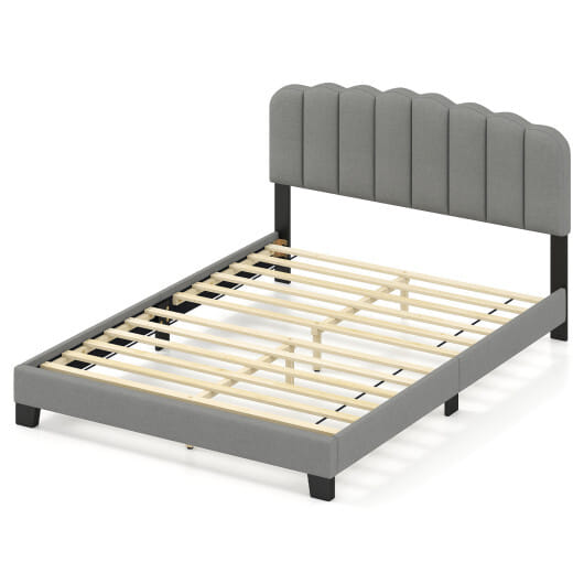 Queen Size Bed Frame with Adjustable Scalloped Tufted Headboard-Queen Size - Color: Gray - Size: Queen Size