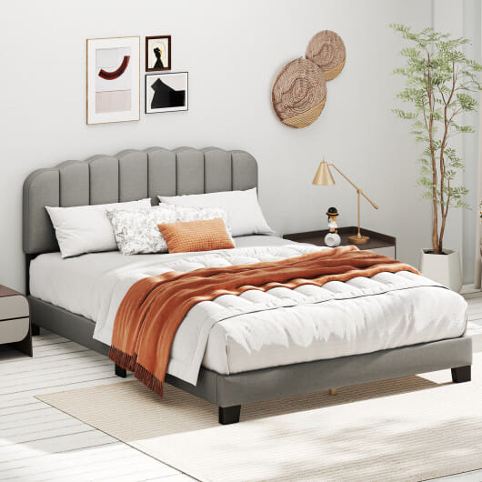 Queen Size Bed Frame with Adjustable Scalloped Tufted Headboard-Queen Size - Color: Gray - Size: Queen Size